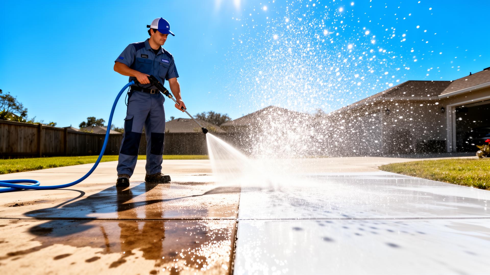 Professional power washing technician spraying high-pressure water